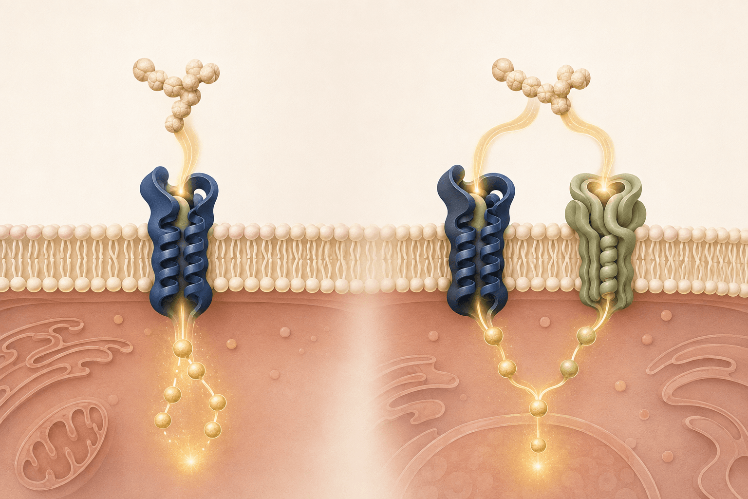 Original cell membrane illustration comparing activation of one receptor family with activation of two receptor families