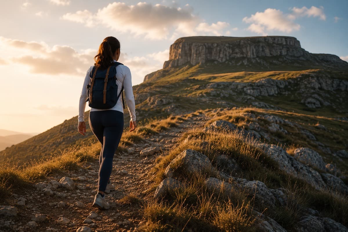 Woman hiking toward the next rise on a mountain trail
