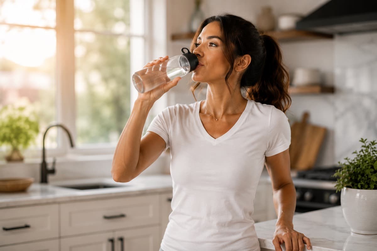Woman drinking water in a bright kitchen